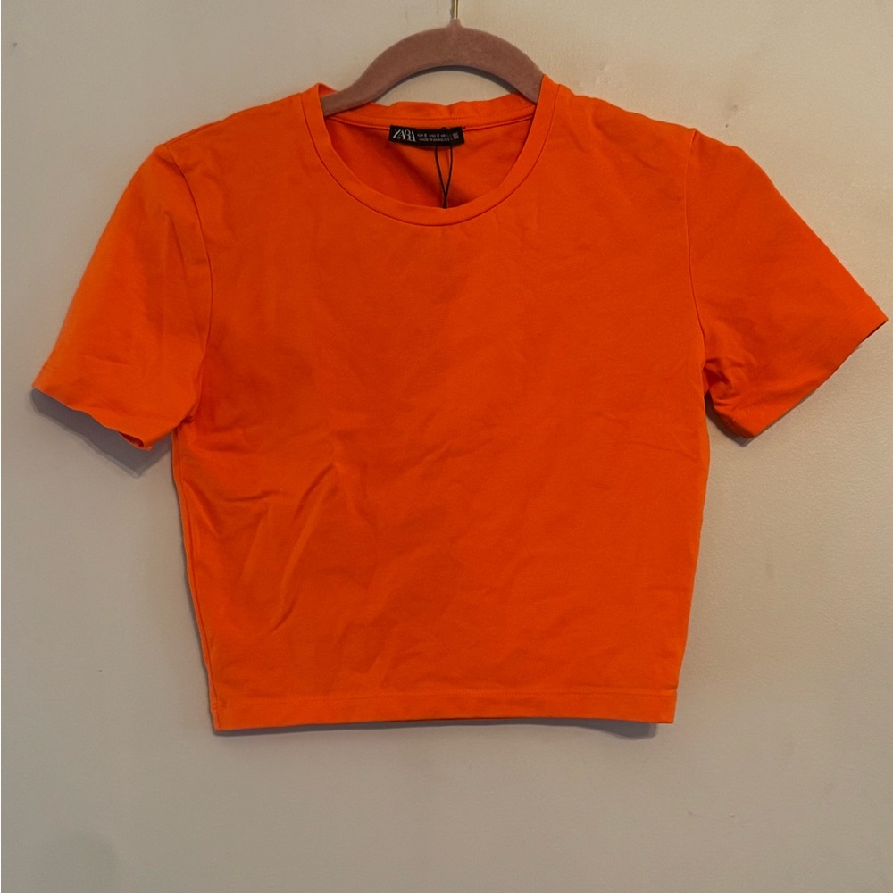 Zara Bright Orange Cropped Tee Short Sleeve Top Size Small